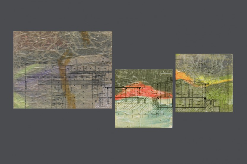 pohľad na trafo stanicu a ruberoid, mixed media on canvas, 40x50 cm, 30x30 cm,30x30 cm, 2011